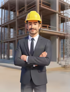 Man in a suit and yellow construction helmet standing with arms crossed at a construction site.