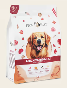 Package of Burpy Tales adult dog food with chicken and meat flavor, featuring a happy golden retriever on the front.