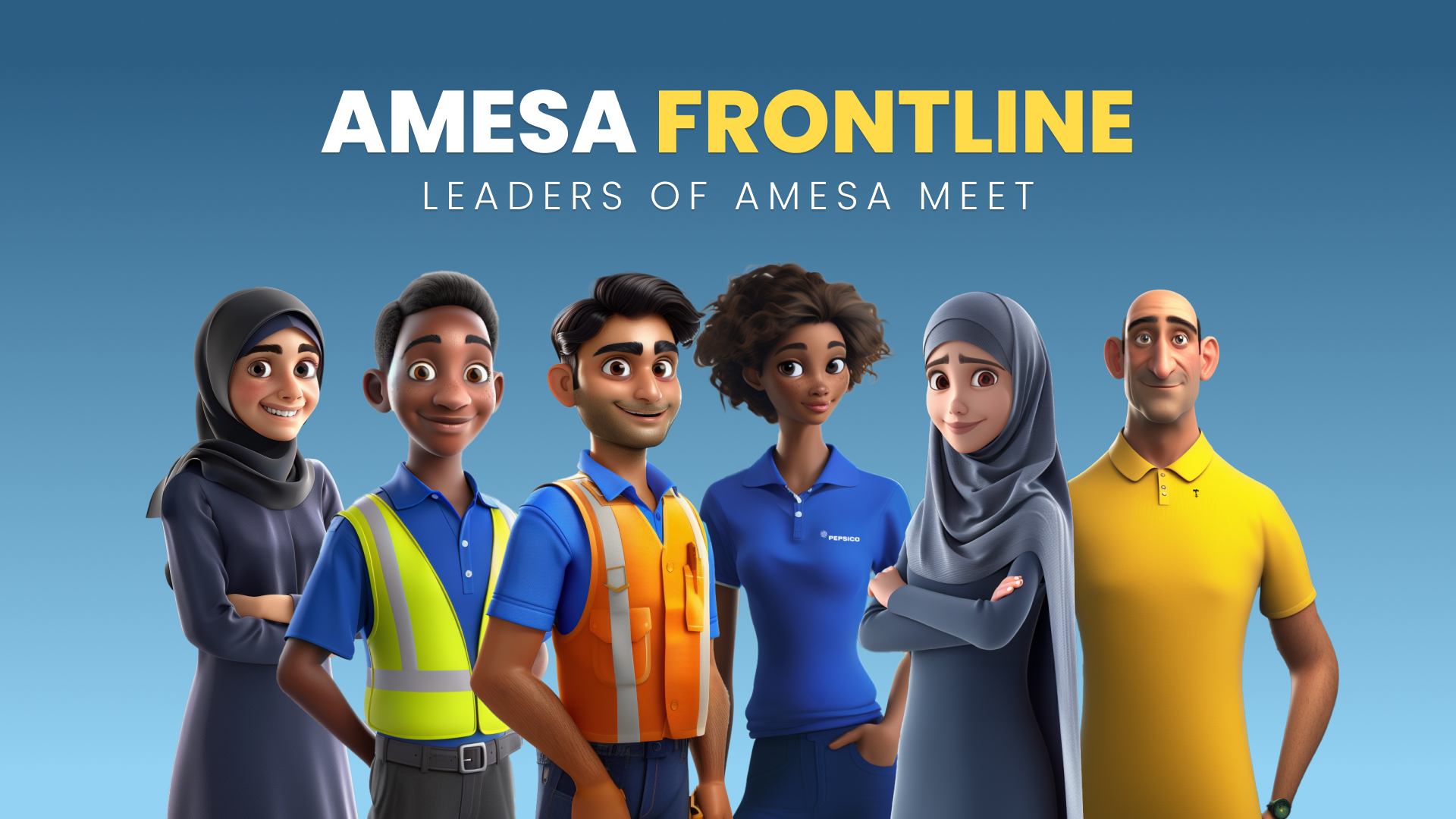 Six diverse animated AMESA frontline leaders standing side by side against a blue background with AMESA FRONTLINE LEADERS OF AMESA MEET text above them.