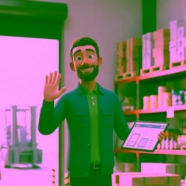 Animated man with brown hair and beard waving with one hand and holding a tablet in a warehouse filled with shelves and boxes.