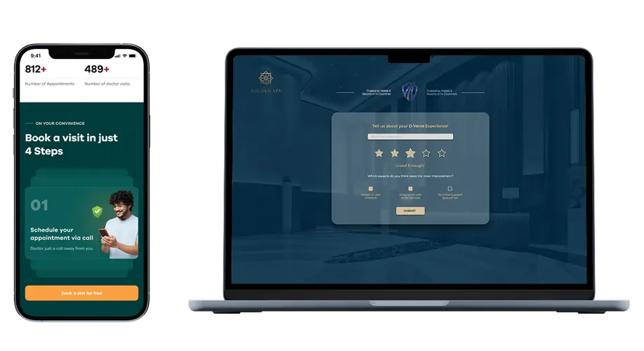 Mobile phone screen showing a medical appointment booking app and laptop displaying a customer experience feedback form for Golden Spa.