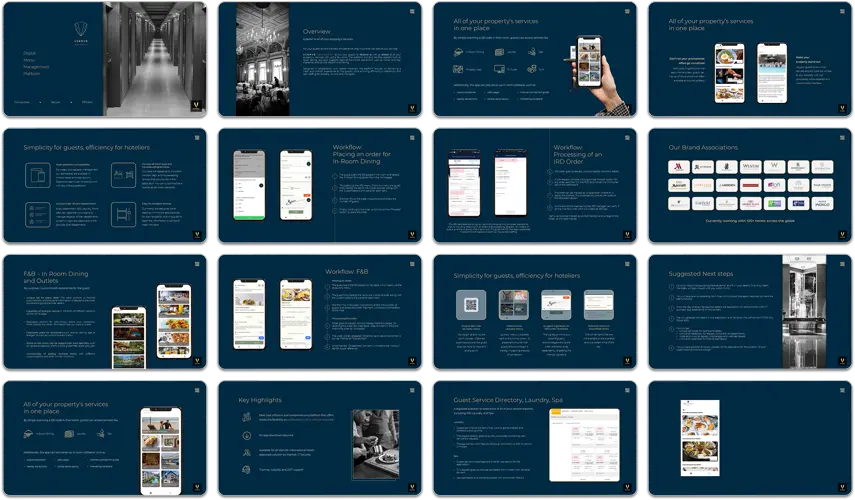 A grid of 15 dark-themed presentation slides about a digital hotel management platform, showing features, workflows, brand associations, key highlights, guest services, and suggested next steps with images of hotel interiors and mobile app interfaces.