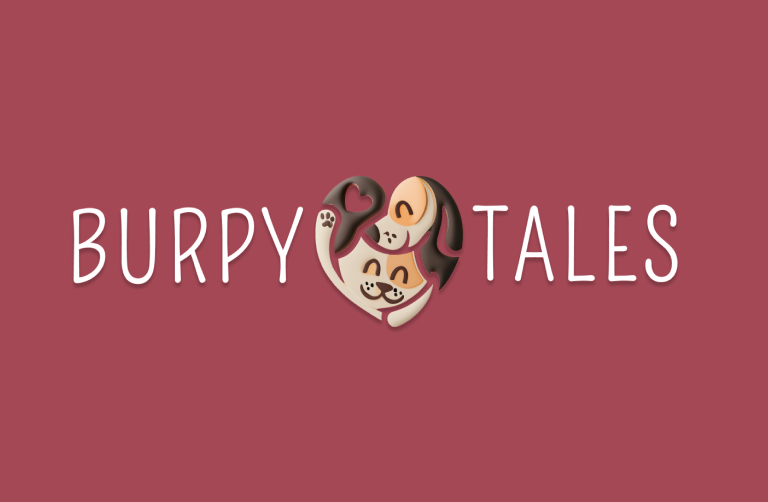 Logo with text 'BURPY TALES' and a heart-shaped illustration formed by a hugging dog and cat on a maroon background.