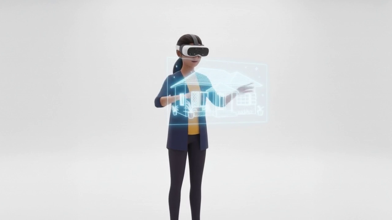 3D animation of a person wearing a virtual reality headset interacting with a holographic house model.